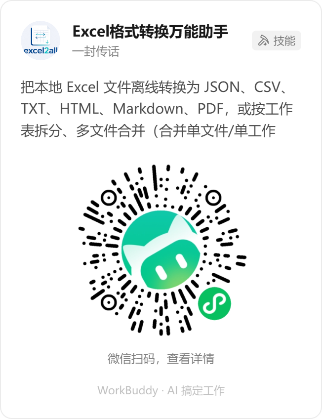 Excel 格式转换万能助手 — 微信扫码，在 WorkBuddy 查看详情